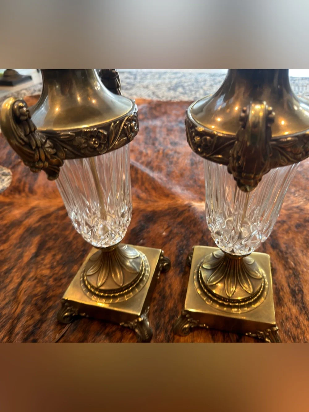 Vintage 1960’s Stiffel Hollywood Regency Brass & Crystal Urn Table Lamps F159
